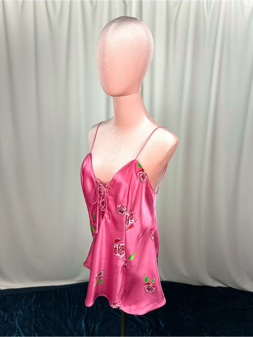 Vintage La Senza Pink Satin Rose Lace Up Babydoll Camisole Y2K Medium - Picture 9 of 16